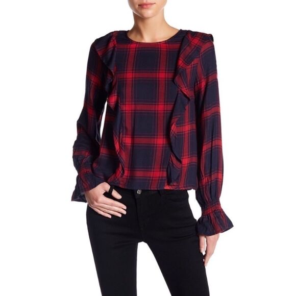 🆕 Kensie Plaid Bell Sleeve Ruffle Check Long Slv - Picture 9 of 9